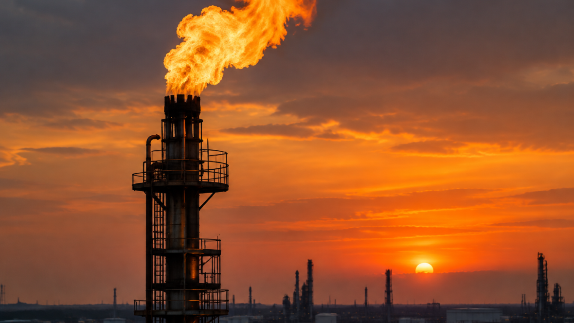 Близький план газової вежі на фоні заходу сонця