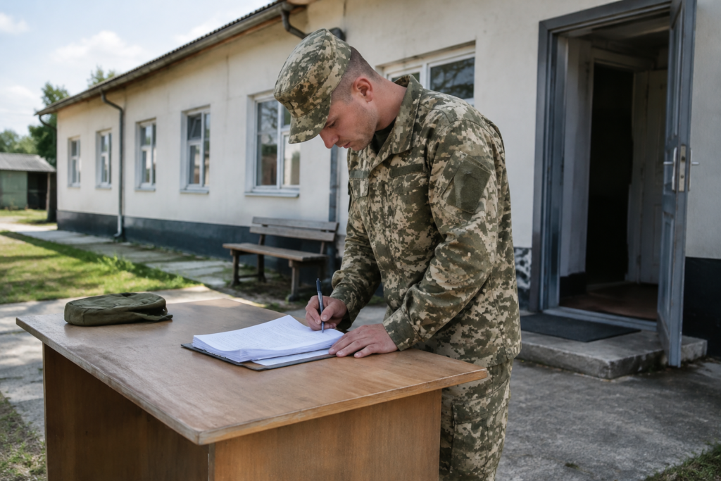 військовослужбовець заповнює документи біля казарми в денному світлі