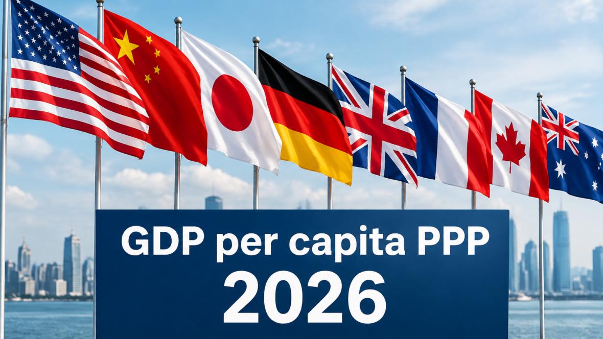Прапори країн лідерів і напис ВВП на душу ПКС 2026