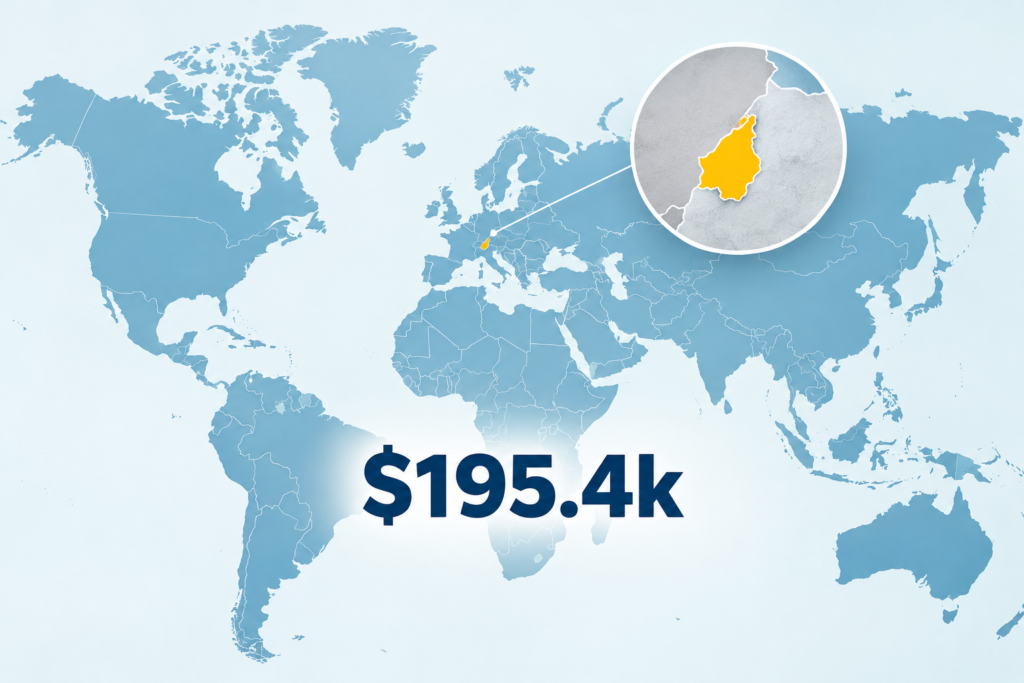 Світова мапа з виділеним Ліхтенштейном і позначкою $195,4 тис.