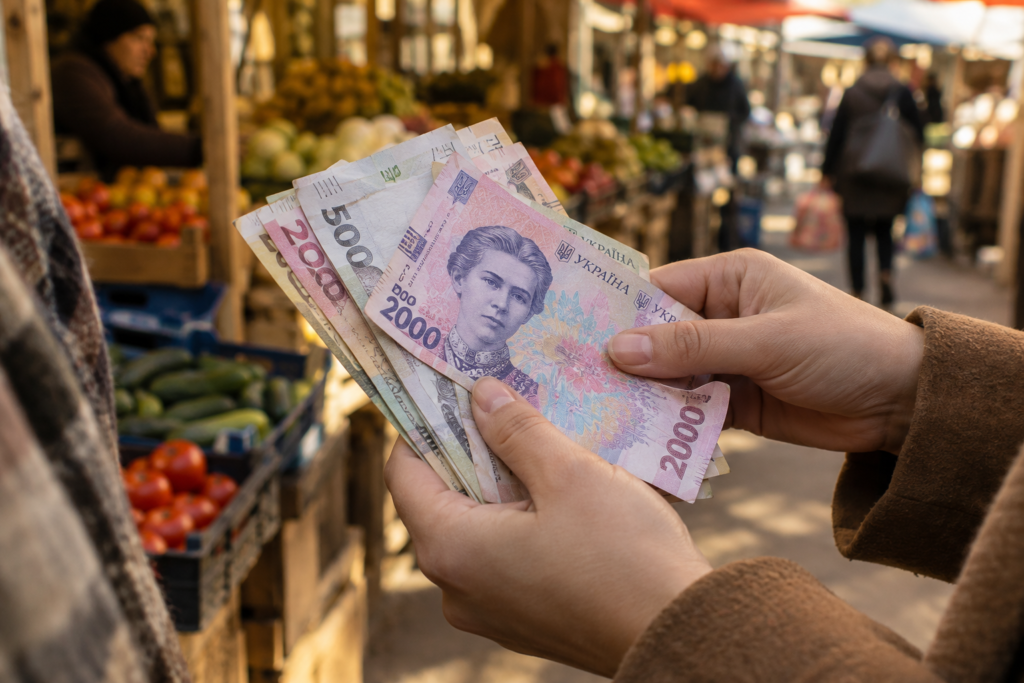 рука тримає купюри 2000, 1000 і 500 грн на ринку українською
