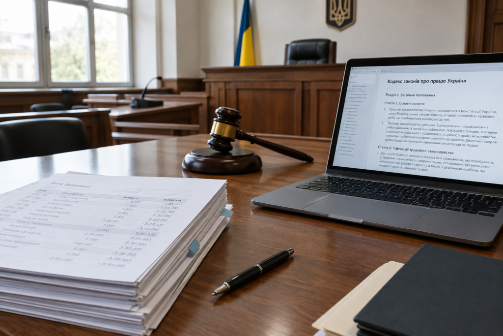 судова зала з документами банківськими виписками і відкритим КЗпП на ноутбуку