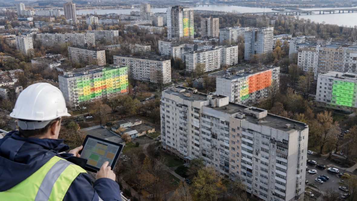 Аерознімок київських багатоповерхівок з підсвіченими індивідуальними графіками відключень