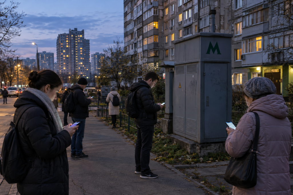 Кияни перевіряють графік відключень на телефонах біля багатоповерхівки