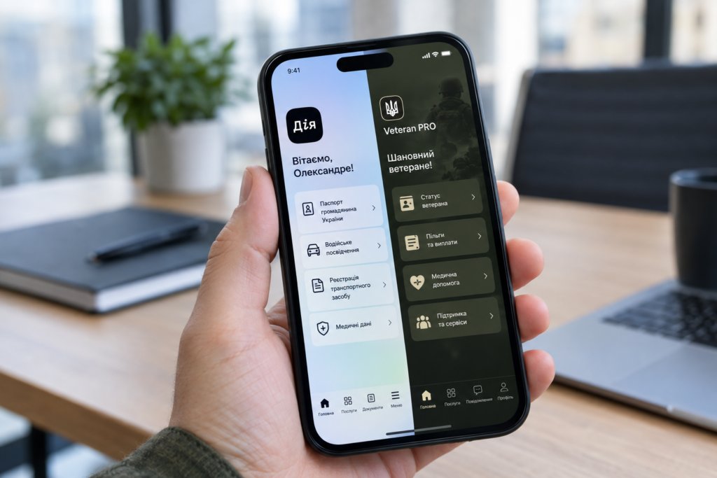 Екран смартфона з інтерфейсами Дія і Ветеран PRO у руці, сучасний інтерфейс