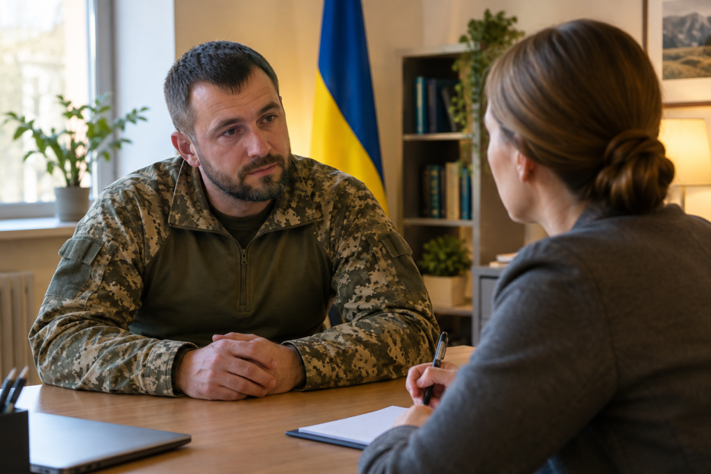 Ветеран спілкується з фахівцем супроводу в офісі, помітний український прапор на задньому плані