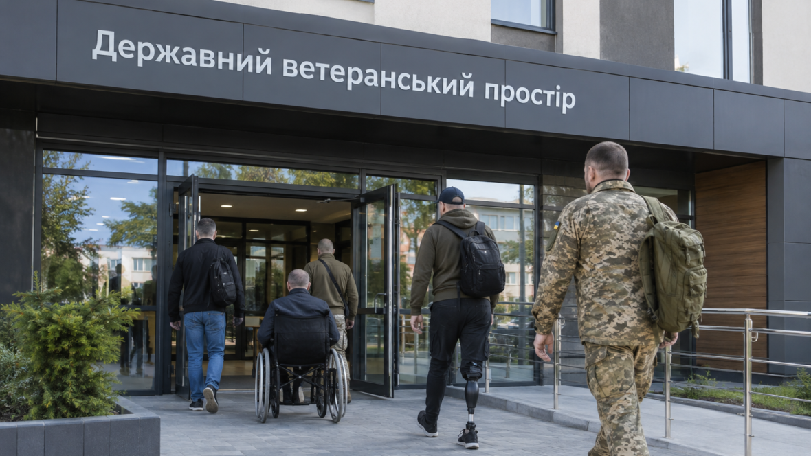Вивіска «Державний ветеранський простір» на фасаді будівлі, ветерани заходять всередину
