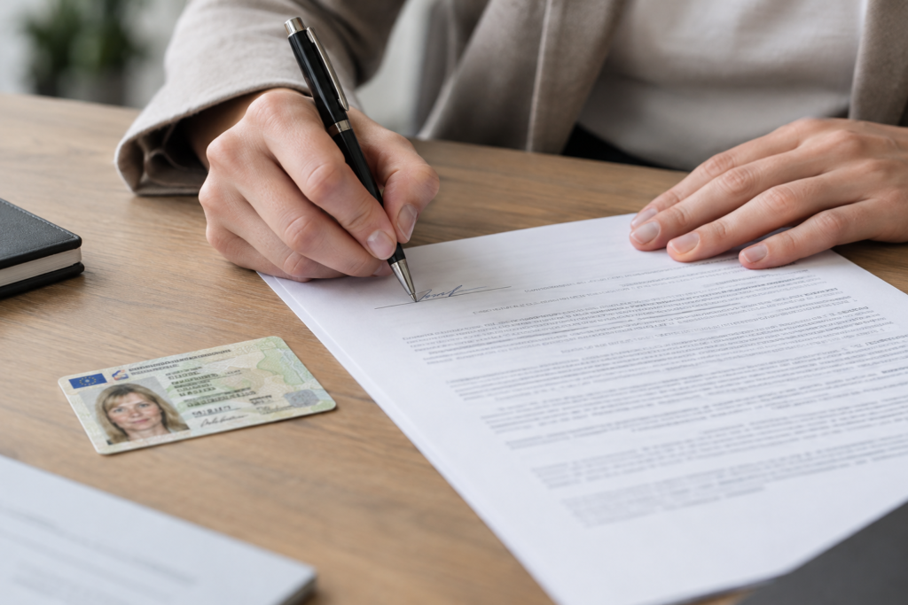 Підписання банківського договору з помітною німецькою ідентифікацією