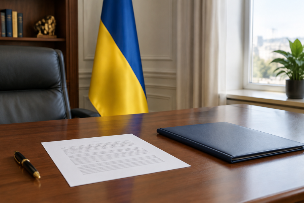 Офіс омбудсмана з папером на столі та прапором України на тлі