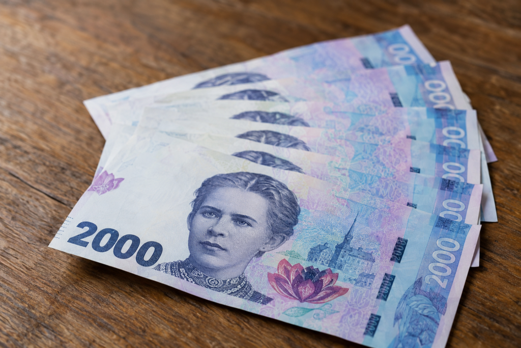 Крупний план кількох банкнот по 2000 грн, розкладених на дерев'яному столі.