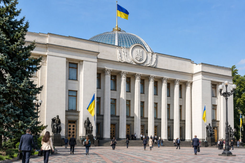 Будівля Верховної Ради України з прапорами