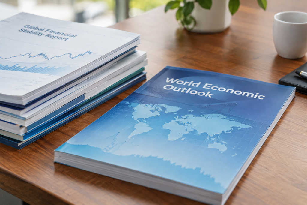 Фотографія звітів МВФ і World Economic Outlook на столі