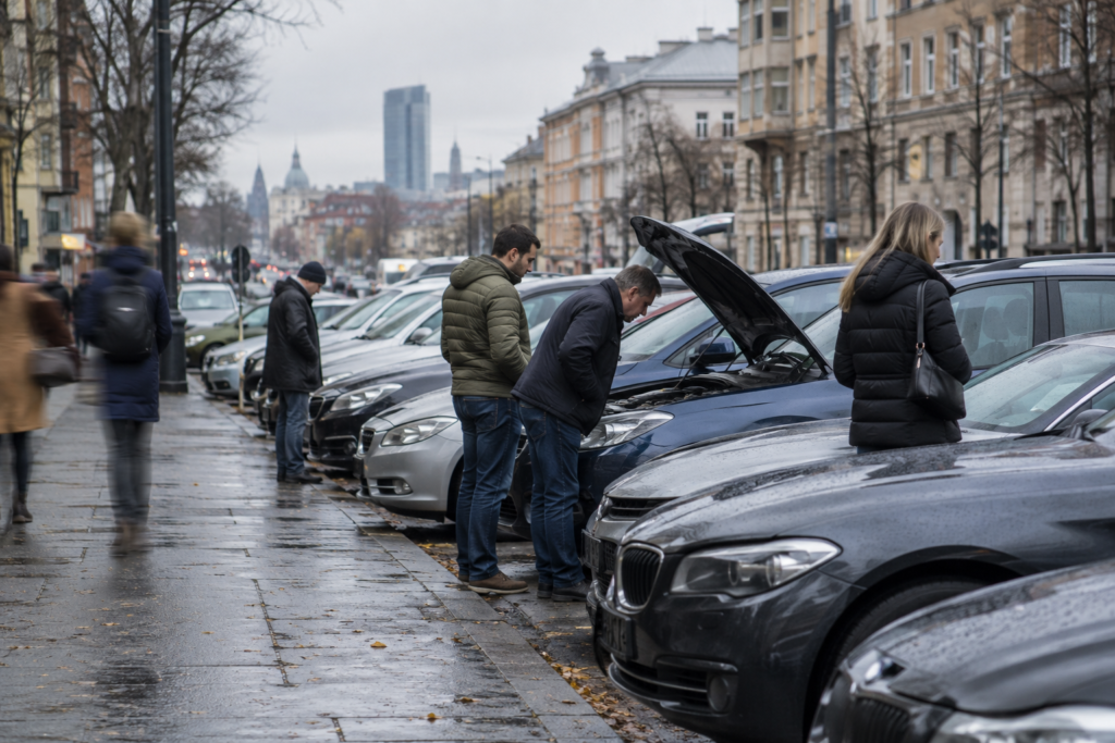 Вулиця з вживаними автомобілями і покупцями на огляді