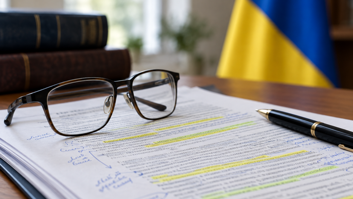 Збільшений план документу законопроєкту поруч з окулярами і ручкою на столі