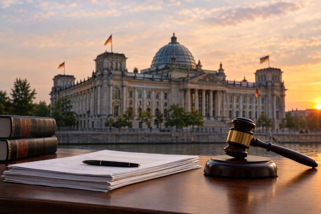 Parliament building and legal documents on desk