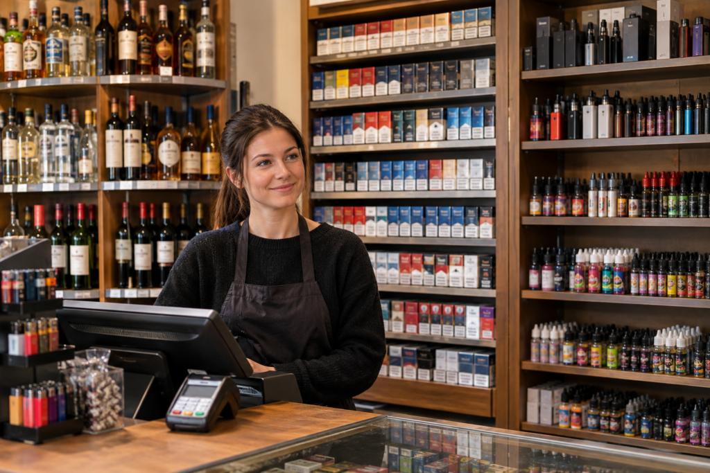 cashier at counter with alcoholic and tobacco shelves