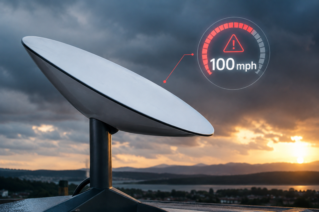 ближній план антенни Starlink із попередженням 100 миль