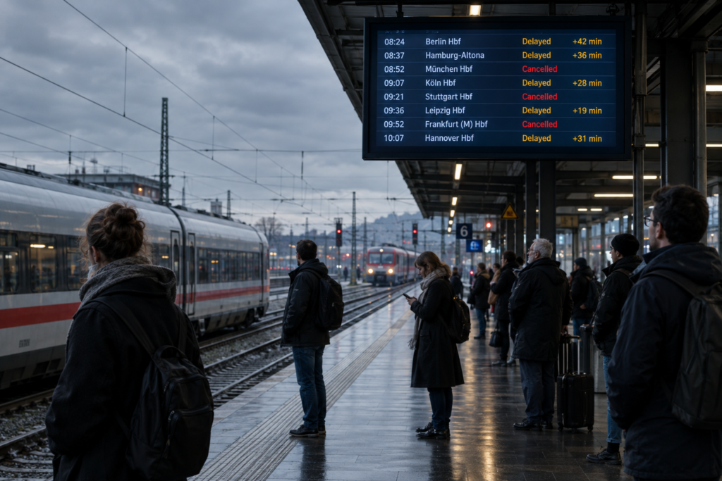 passengers waiting at platform with delayed trains