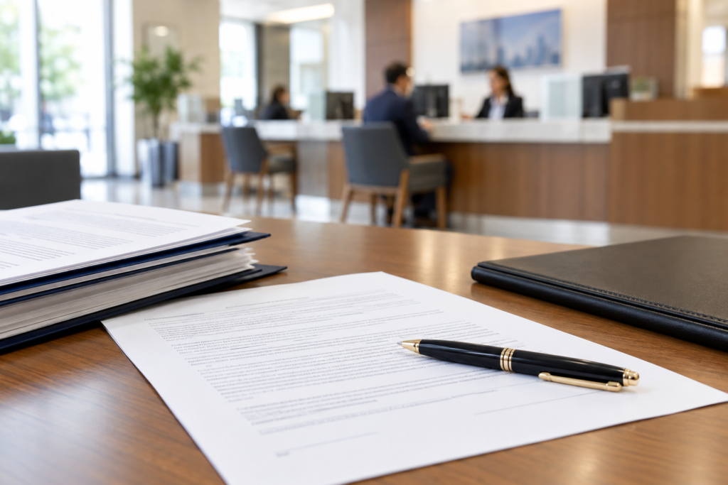 banking documents and contracts on a table