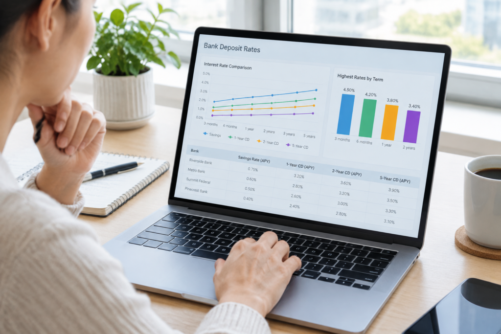 a person comparing deposit rates on a laptop