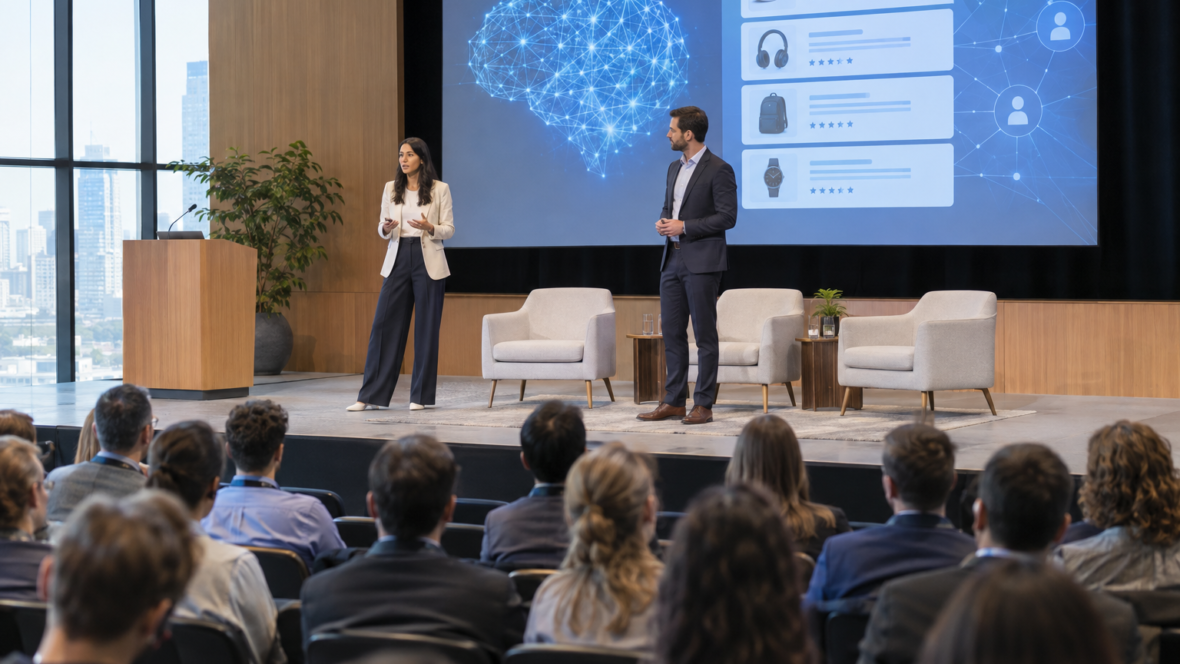 auditorium with presenters discussing AI recommendations