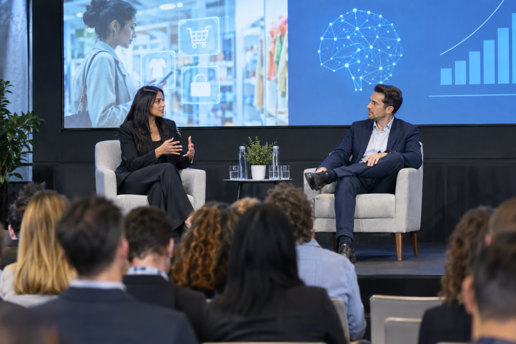 conference speakers discussing AI and retail