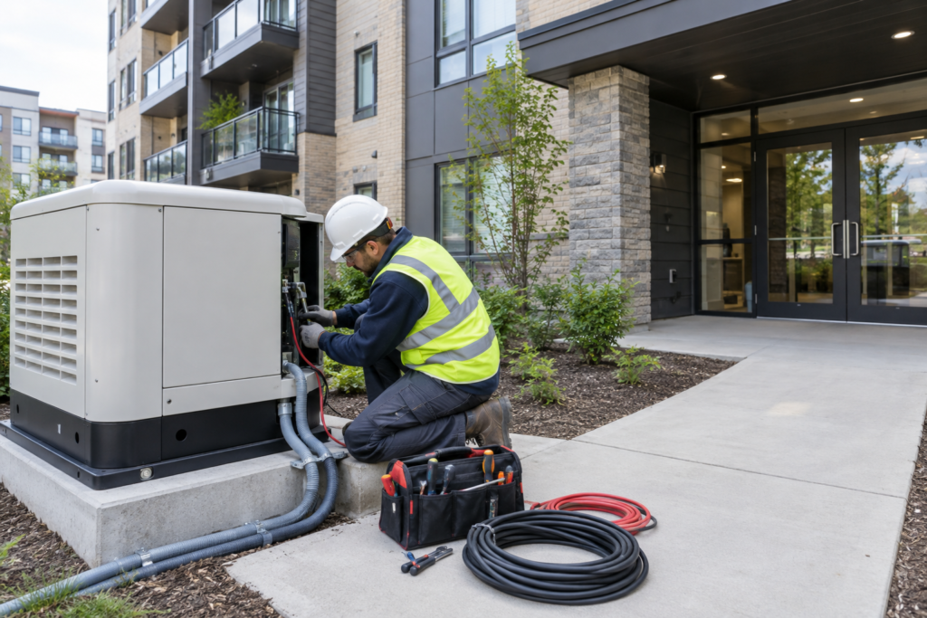technician installing backup generator at building entrance