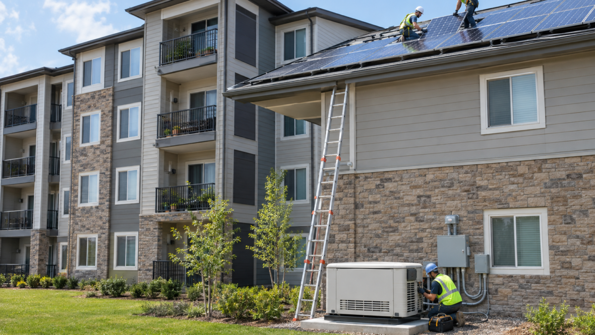 multi-storey building with solar panels and generator installation