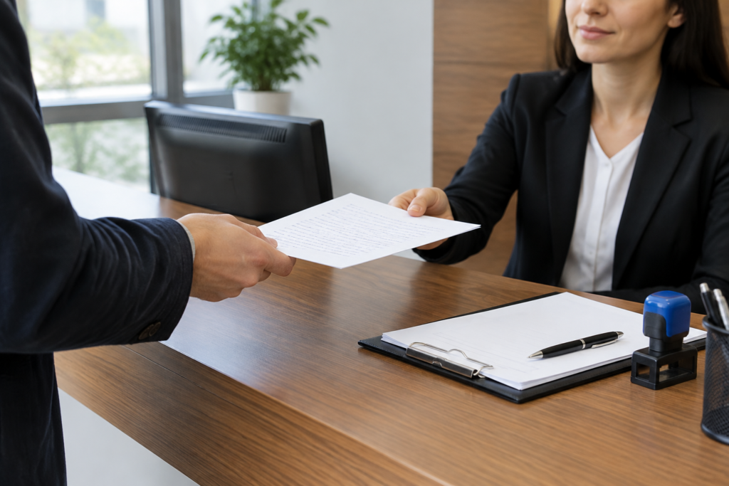 hand submitting complaint at reception desk