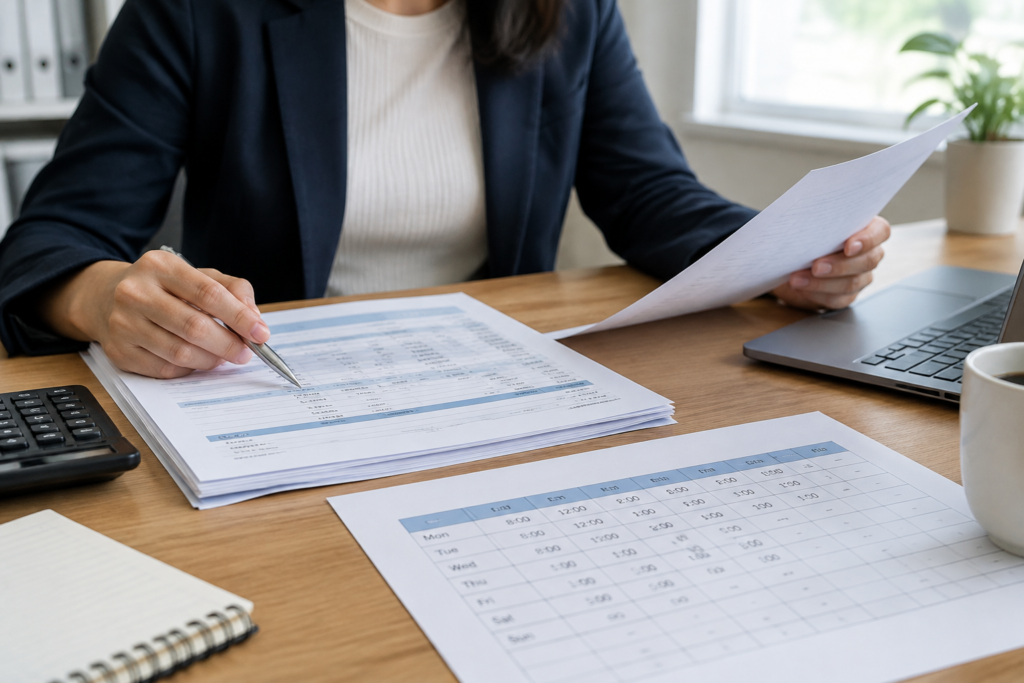 person reviewing payroll and time sheet
