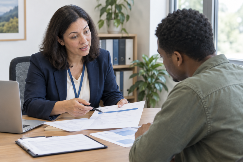 officer explaining voucher requirements to learner
