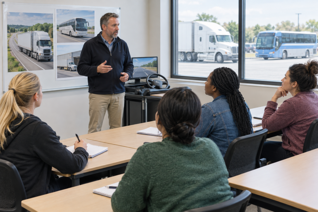 women in driver training classroom with instructor