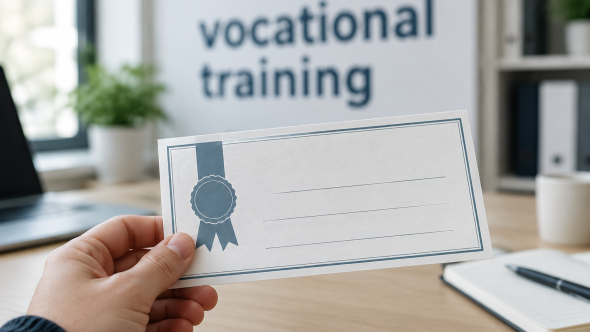 hand holding a vocational training voucher document