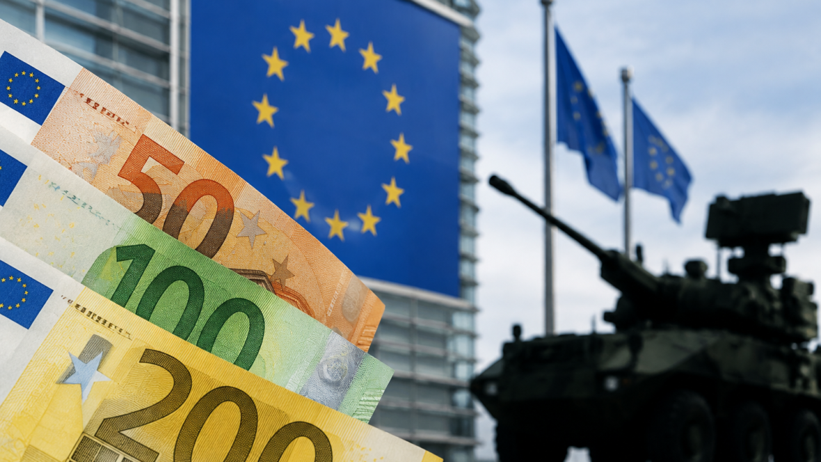 Euro banknotes and EU emblem with military silhouette
