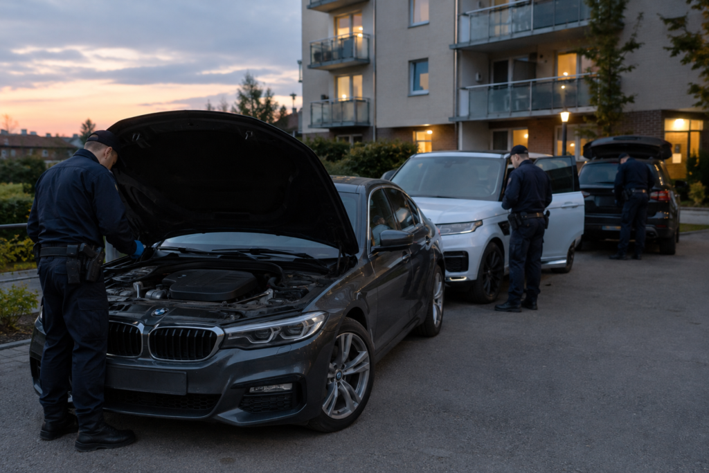 полицейские возле изъятых автомобилей у дома