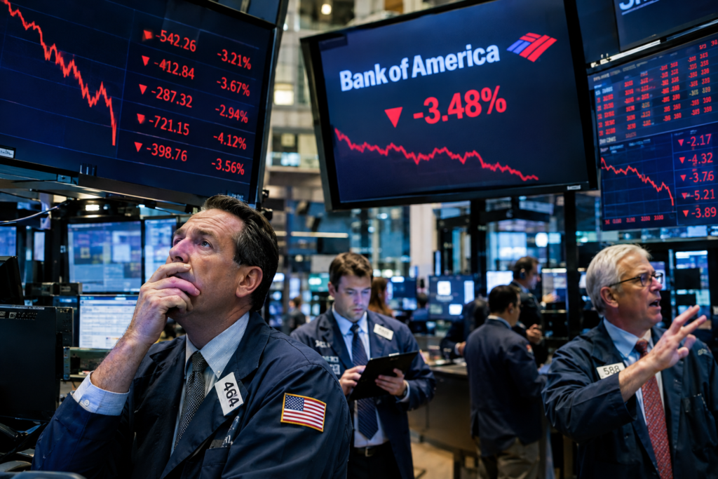 Экран биржи с падением акций Bank of America