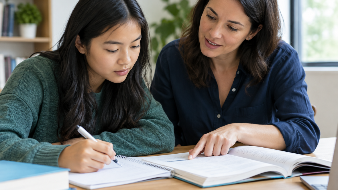 tutor instructing student with books and laptop