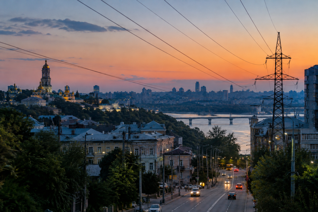 Киевский городской пейзаж с линиями электропередач