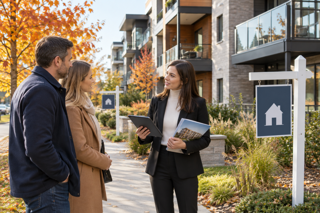 modern apartment building and sales representative