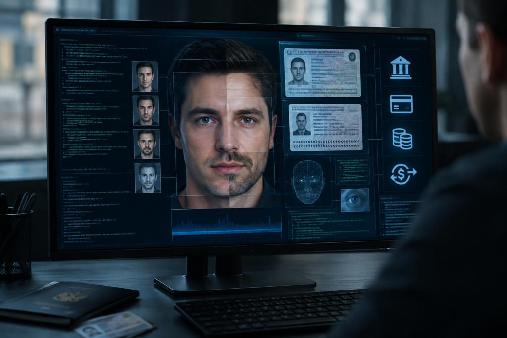 composite face on screen with banking icons