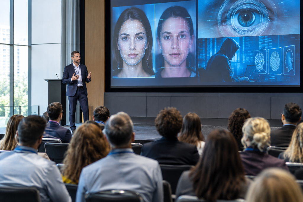 speaker at fintech conference with slides