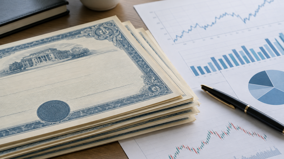 stack of bond certificates and charts on desk