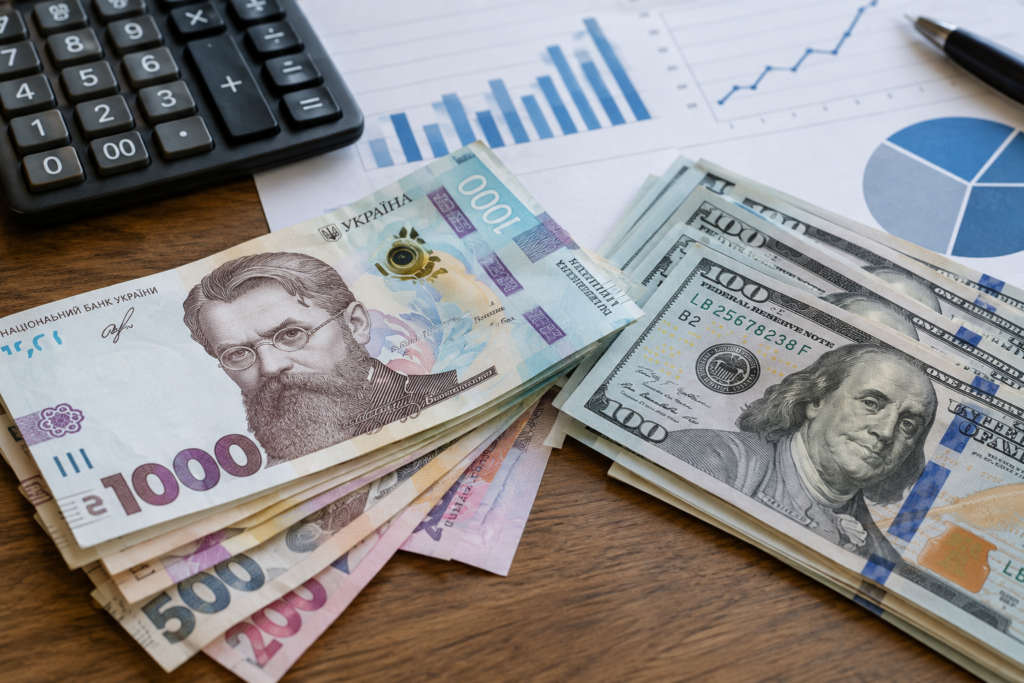 банкноты гривны и доллара США с калькулятором