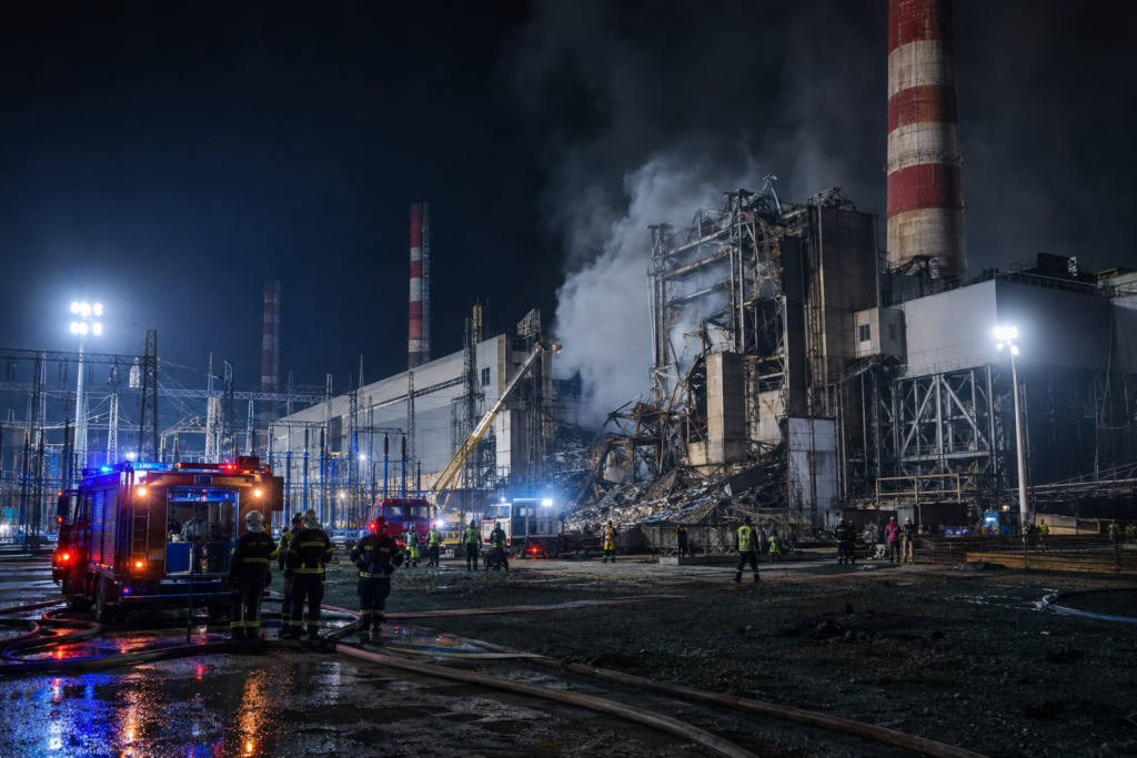 повреждённая тепловая электростанция ночью
