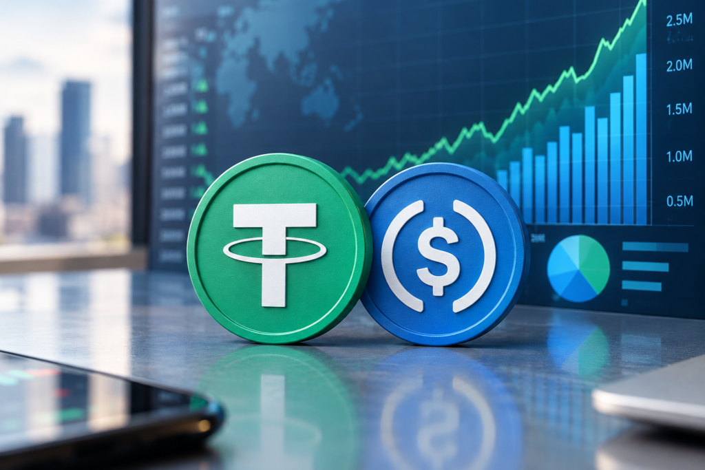 логотипи USDT і USDC на графіку зростання