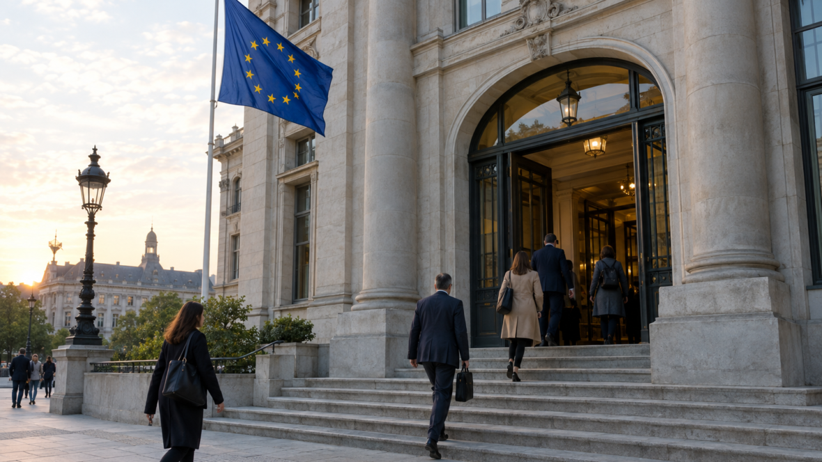 city hall with EU flag and people entering