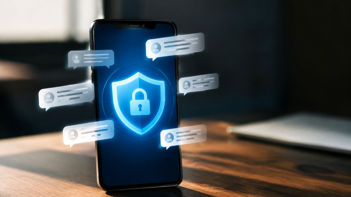 смартфон із іконкою захисту і повідомленнями