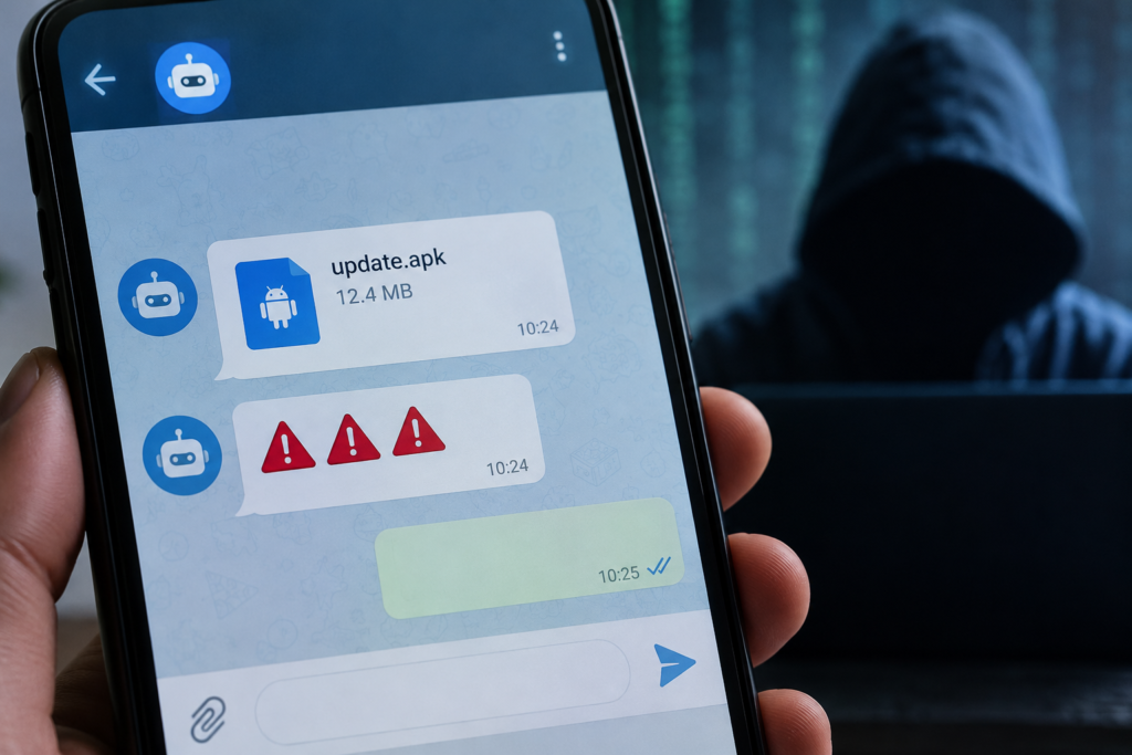 экран Telegram со вредоносным файлом и предупреждениями