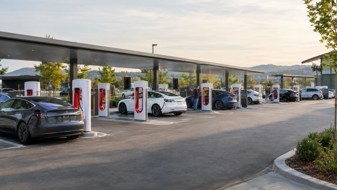Панорама заповненої станції заряджання Tesla