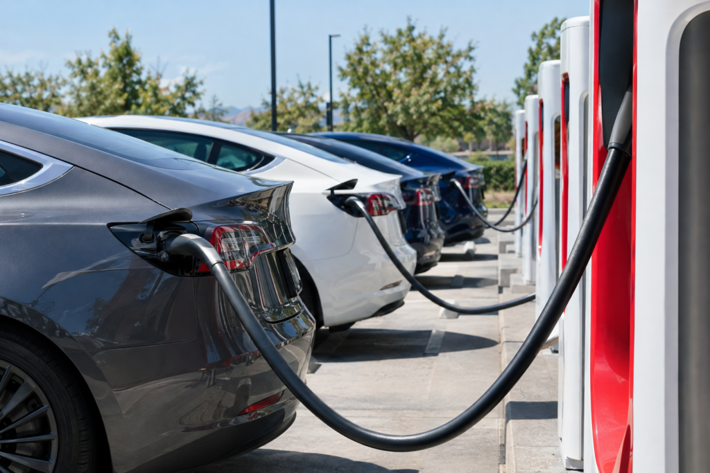 Tesla Supercharger станція з кількома електромобілями